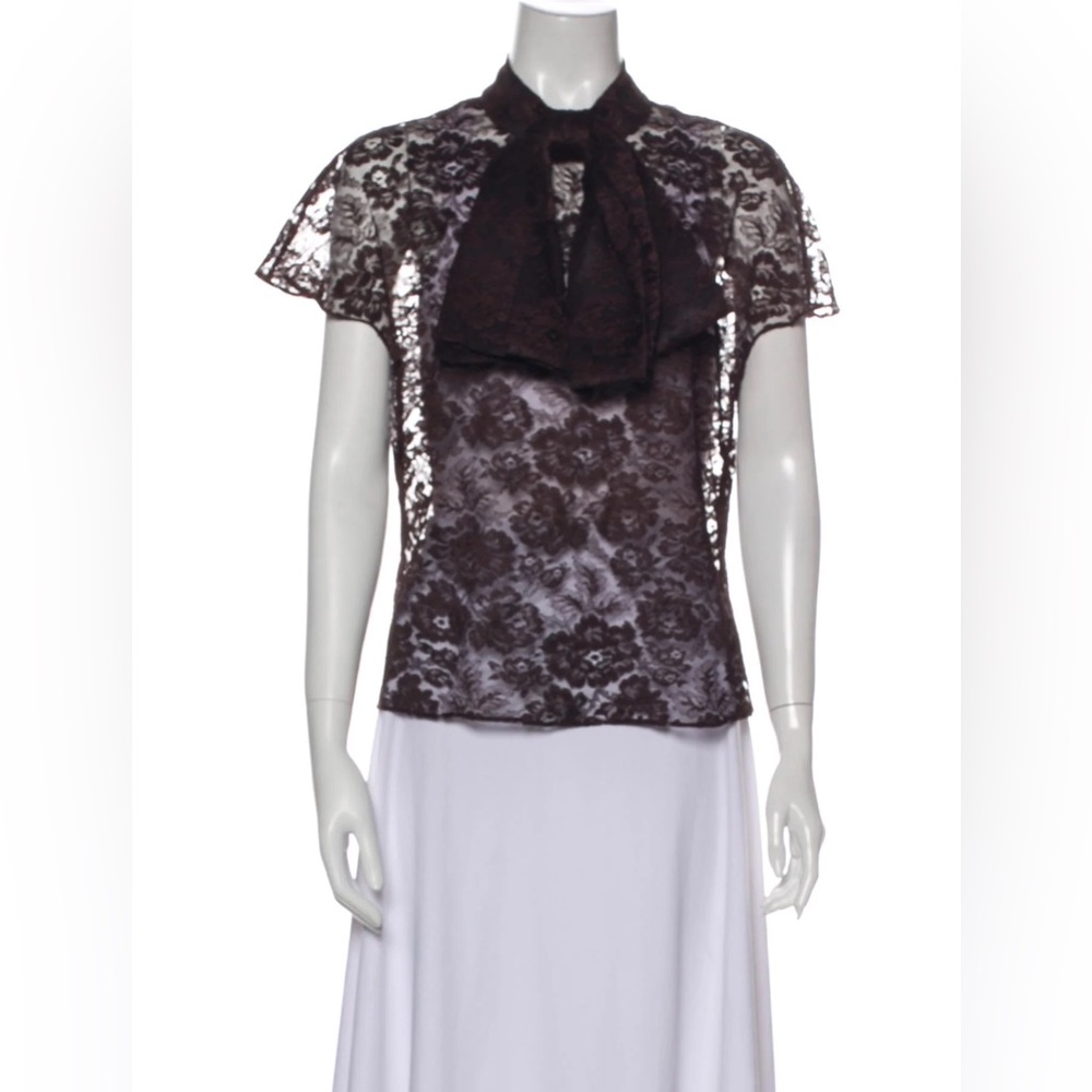 Erdem Lace Pattern Tie Neck Blouse in Chocolate Brown